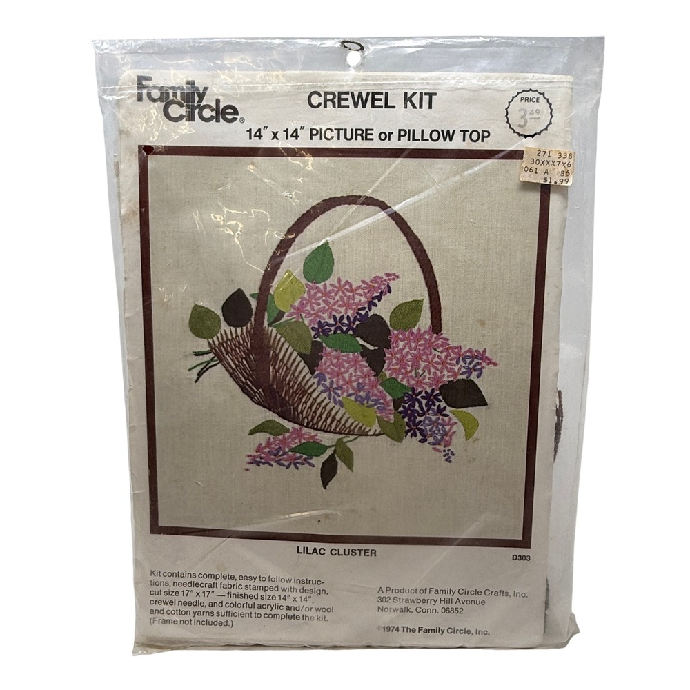 Family Circle Crewel Kit Lilac Cluster D303 Floral Basket Vintage 1974 New